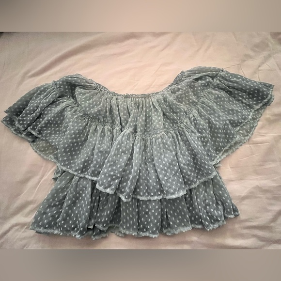 lovestitch Blue Swiss Dot Ruffle Off-Shoulder Tunic - Picture 2 of 3